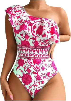 Womens One Piece Swimsuit One Shoulder Tummy Control Bathing Suit Slimming Vintage Floral Print Ruffle Swimwear