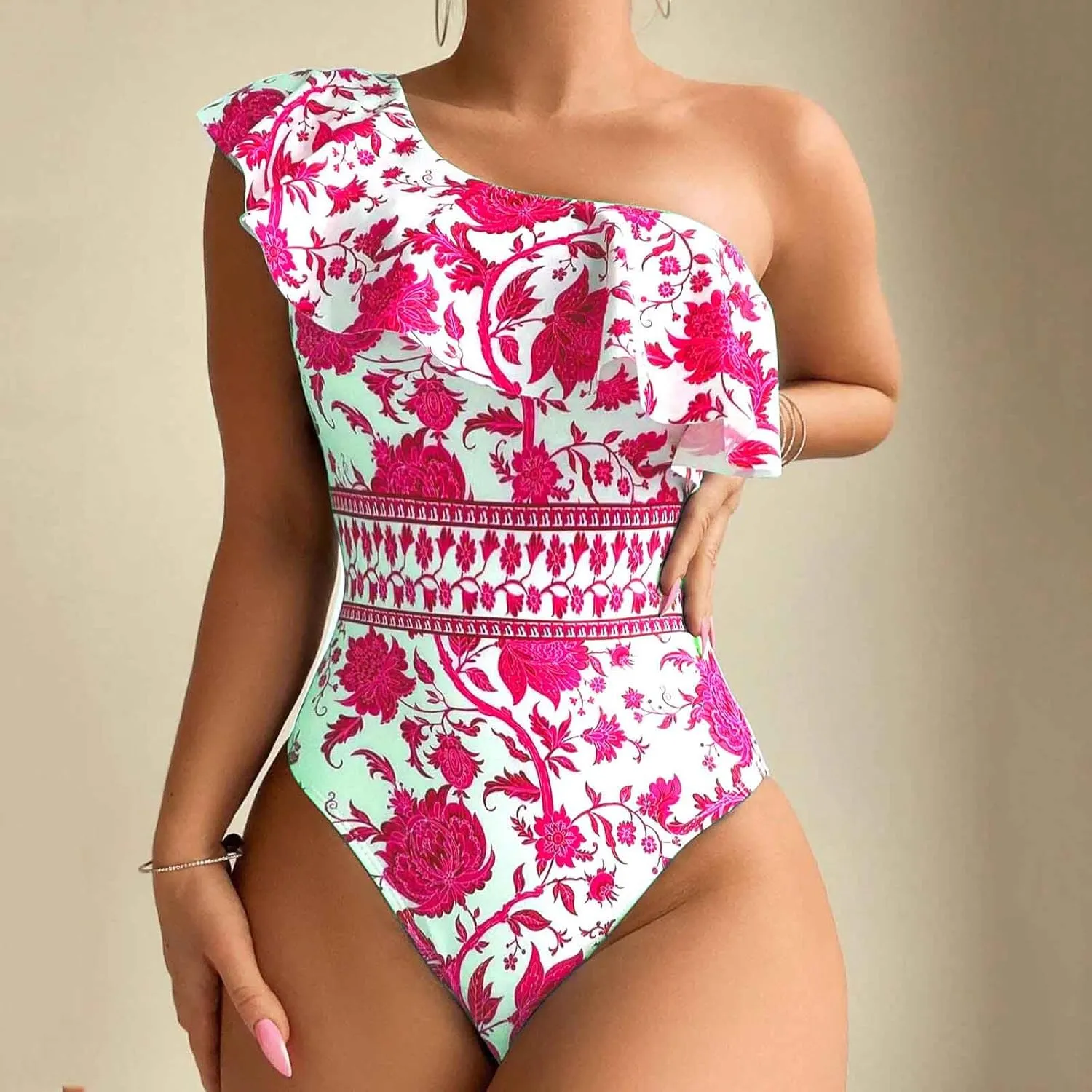 Womens One Piece Swimsuit One Shoulder Tummy Control Bathing Suit Slimming Vintage Floral Print Ruffle Swimwear