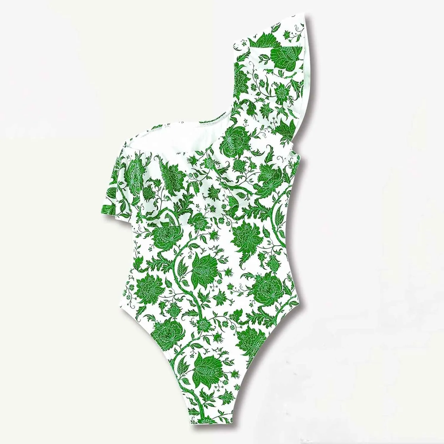 Womens One Piece Swimsuit One Shoulder Tummy Control Bathing Suit Slimming Vintage Floral Print Ruffle Swimwear