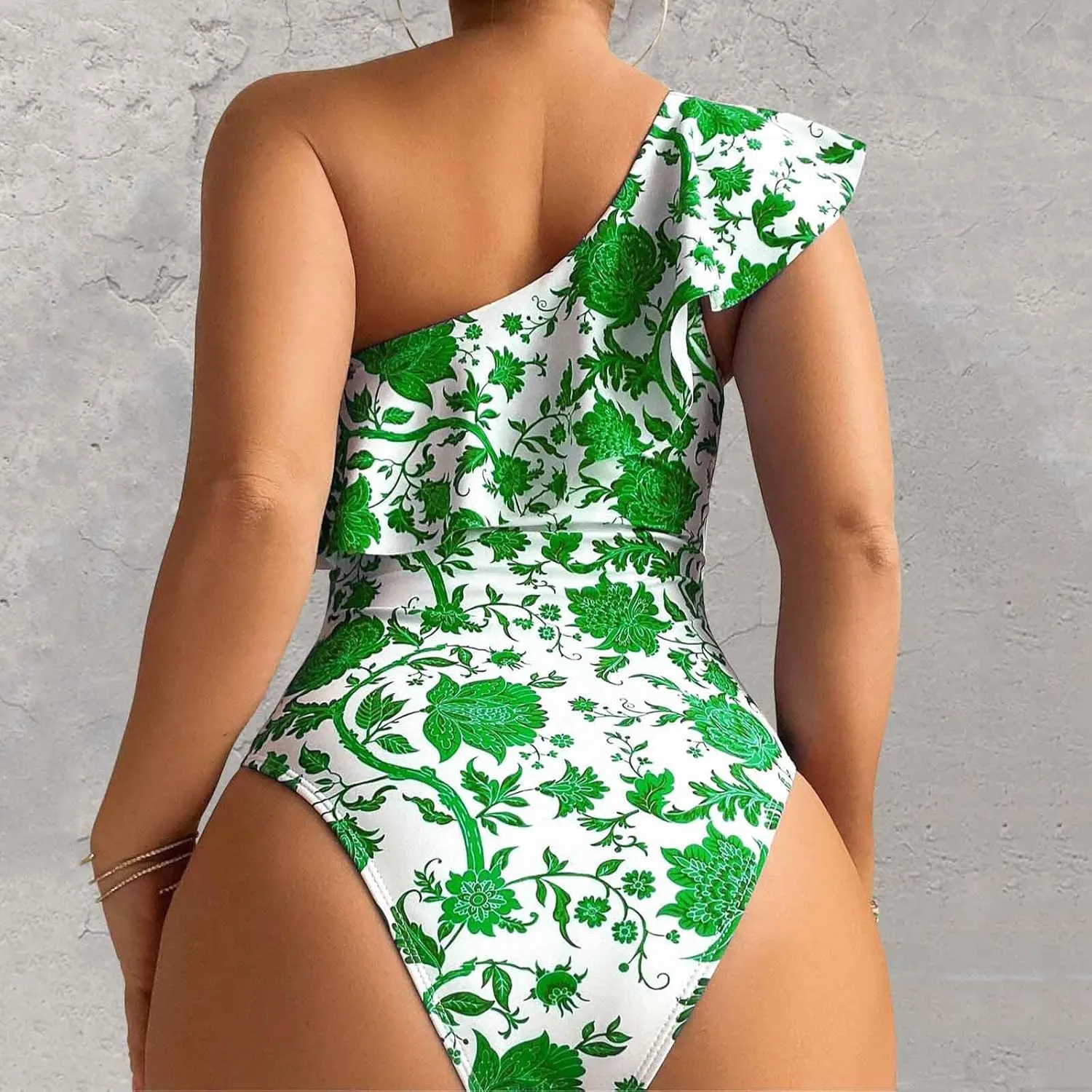 Womens One Piece Swimsuit One Shoulder Tummy Control Bathing Suit Slimming Vintage Floral Print Ruffle Swimwear