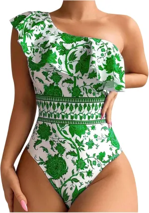 Womens One Piece Swimsuit One Shoulder Tummy Control Bathing Suit Slimming Vintage Floral Print Ruffle Swimwear