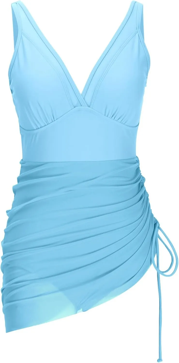 Women's One Piece Swimsuit Tummy Control Swim Dress Mesh Patchwork Modest Bathing Suit Sarong Wraps Swimwear