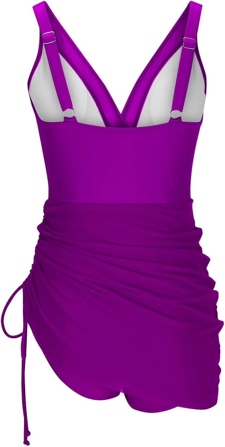Women's One Piece Swimsuit Tummy Control Swim Dress Mesh Patchwork Modest Bathing Suit Sarong Wraps Swimwear