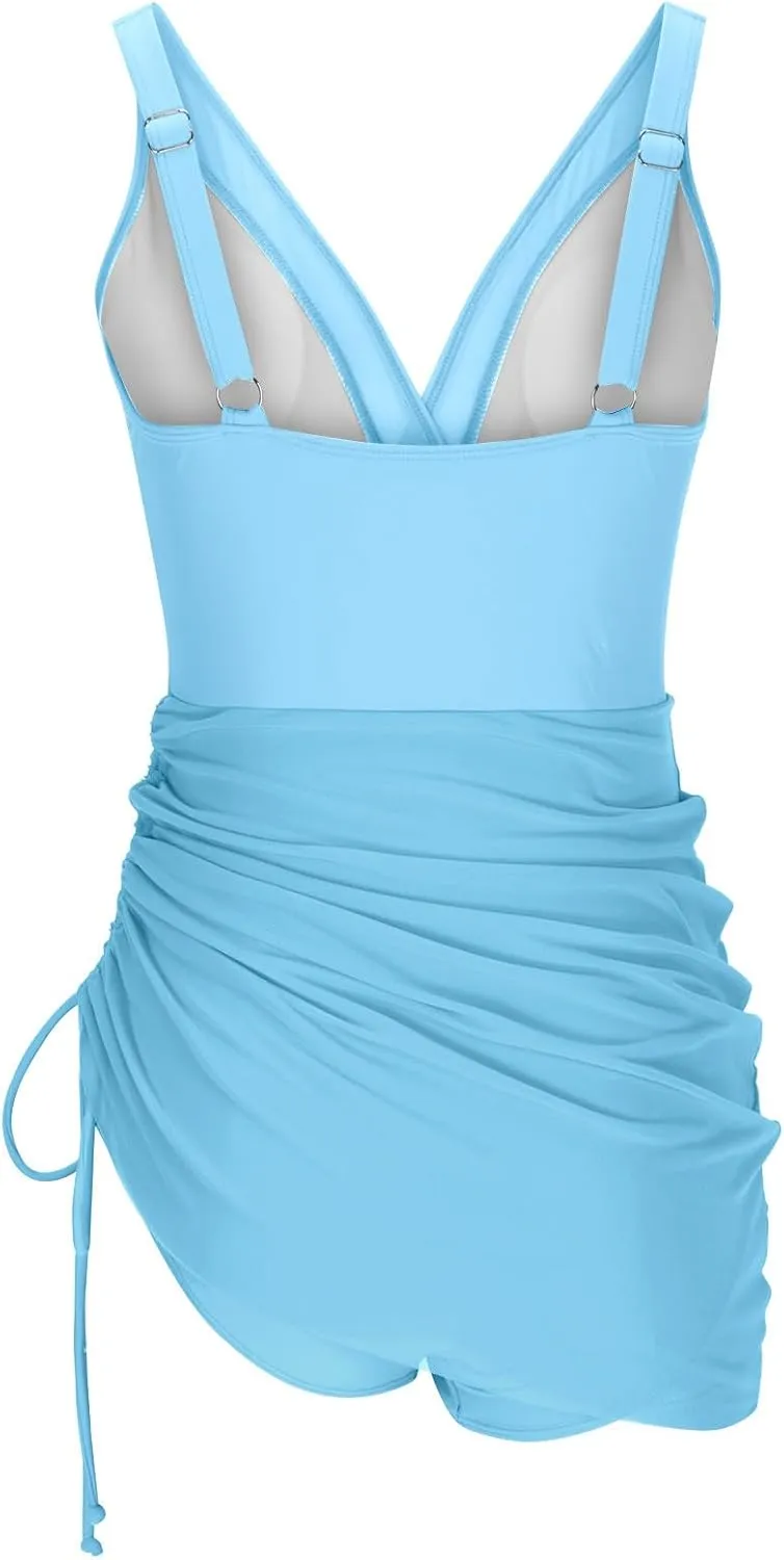 Women's One Piece Swimsuit Tummy Control Swim Dress Mesh Patchwork Modest Bathing Suit Sarong Wraps Swimwear