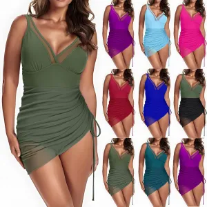 Women's One Piece Swimsuit Tummy Control Swim Dress Mesh Patchwork Modest Bathing Suit Sarong Wraps Swimwear