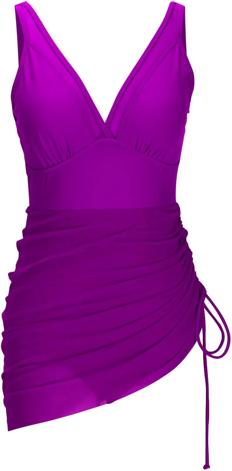 Women's One Piece Swimsuit Tummy Control Swim Dress Mesh Patchwork Modest Bathing Suit Sarong Wraps Swimwear