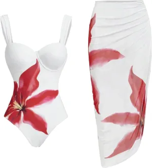 Women's One Piece Swimsuit with Cover Up Set Beach Wrap Skirt Retro Cute Floral Tankini Set Two Piece Bathing Suit