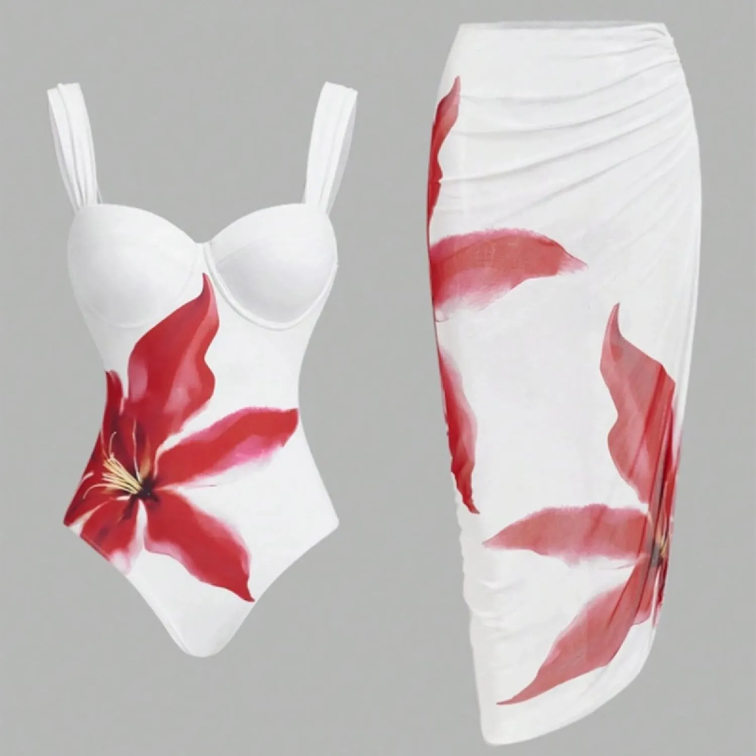 Women's One Piece Swimsuit with Cover Up Set Beach Wrap Skirt Retro Cute Floral Tankini Set Two Piece Bathing Suit