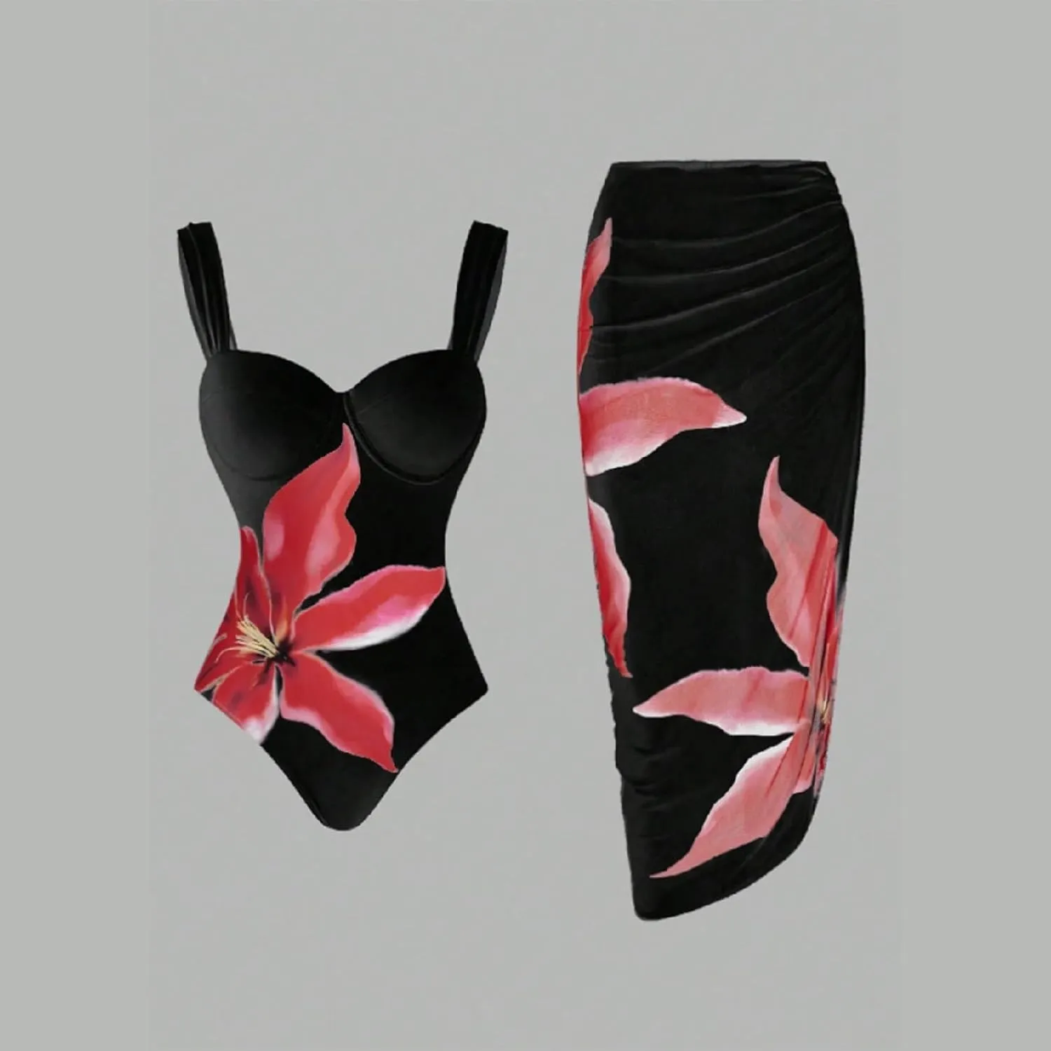 Women's One Piece Swimsuit with Cover Up Set Beach Wrap Skirt Retro Cute Floral Tankini Set Two Piece Bathing Suit