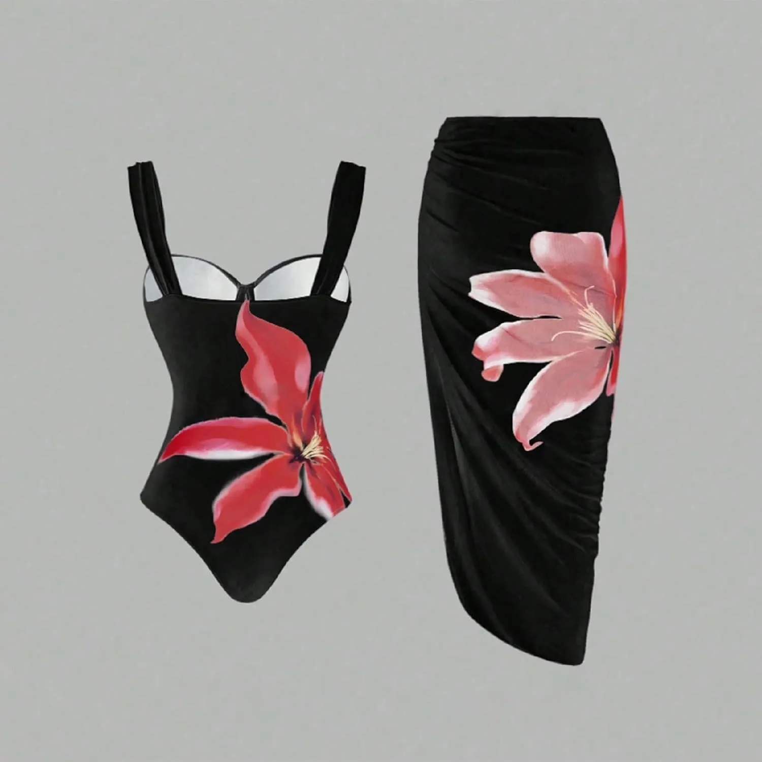 Women's One Piece Swimsuit with Cover Up Set Beach Wrap Skirt Retro Cute Floral Tankini Set Two Piece Bathing Suit