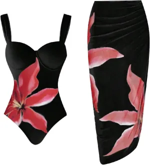 Women's One Piece Swimsuit with Cover Up Set Beach Wrap Skirt Retro Cute Floral Tankini Set Two Piece Bathing Suit