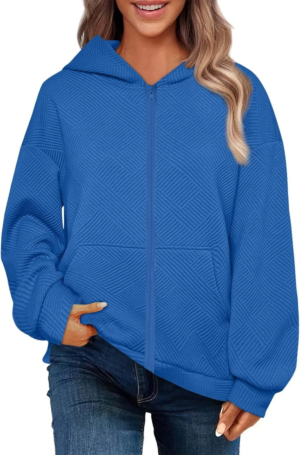 Womens Oversized Hoodie Jacket Fall Fashion 2024 Zip Up Long Sleeve Textured Hooded Sweatshirt Lightweight Jackets