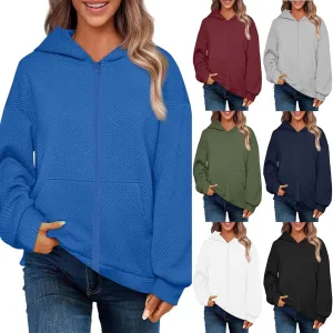 Womens Oversized Hoodie Jacket Fall Fashion 2024 Zip Up Long Sleeve Textured Hooded Sweatshirt Lightweight Jackets