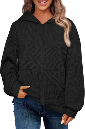 Womens Oversized Hoodie Jacket Fall Fashion 2024 Zip Up Long Sleeve Textured Hooded Sweatshirt Lightweight Jackets