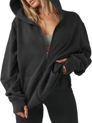 Womens Oversized Zip Up Hoodies Sweatshirts Y2k Long Sleeve Full Zipper Jackets Casual Preppy Coats