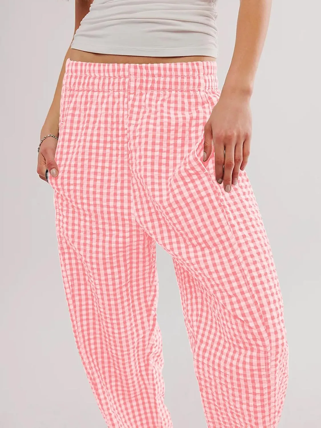 Women's Plaid Pant Gingham Lounge Pants Wide Leg Mid Rise Elastic Waist Checkered Long Trousers with Pockets