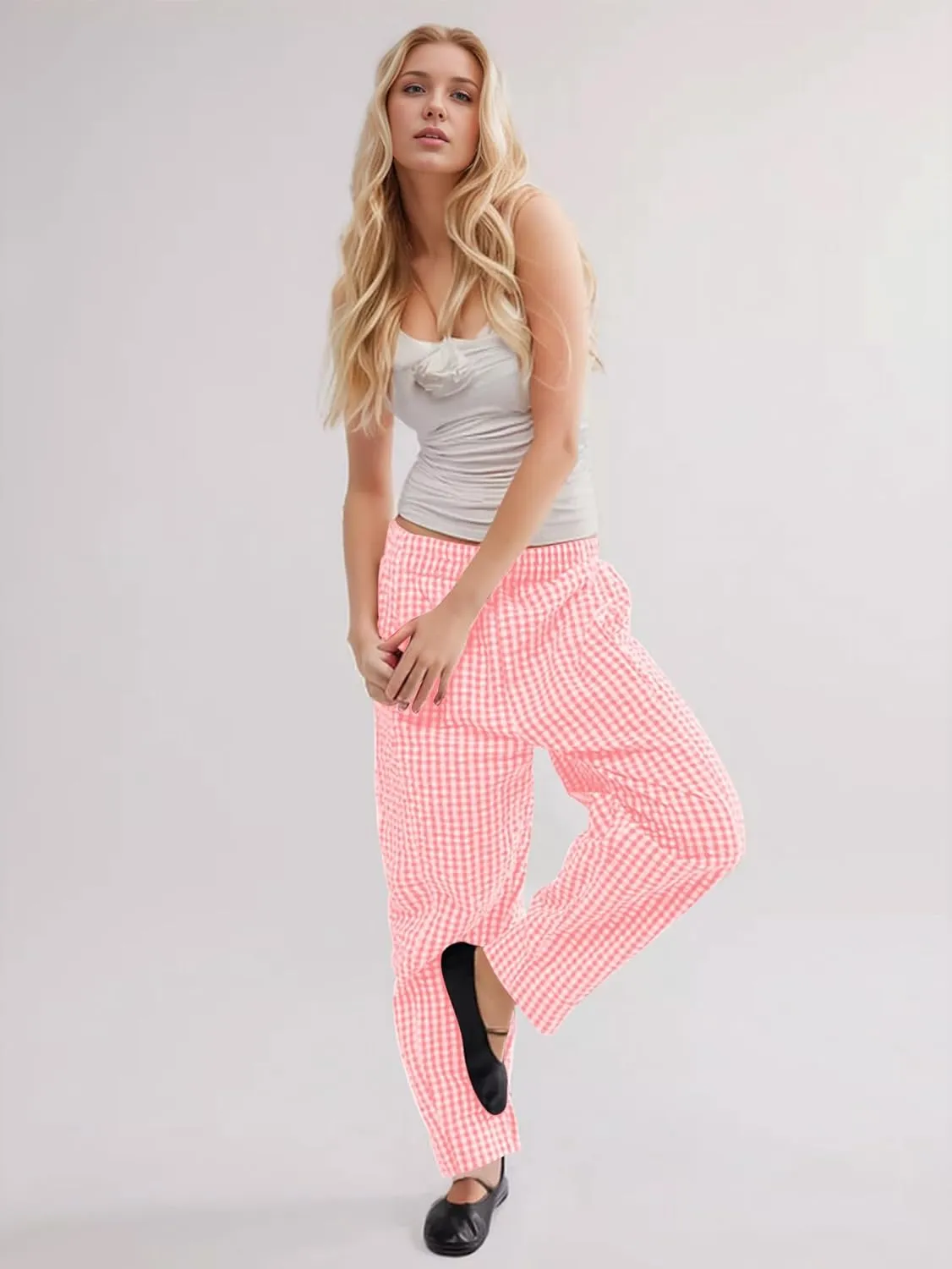 Women's Plaid Pant Gingham Lounge Pants Wide Leg Mid Rise Elastic Waist Checkered Long Trousers with Pockets