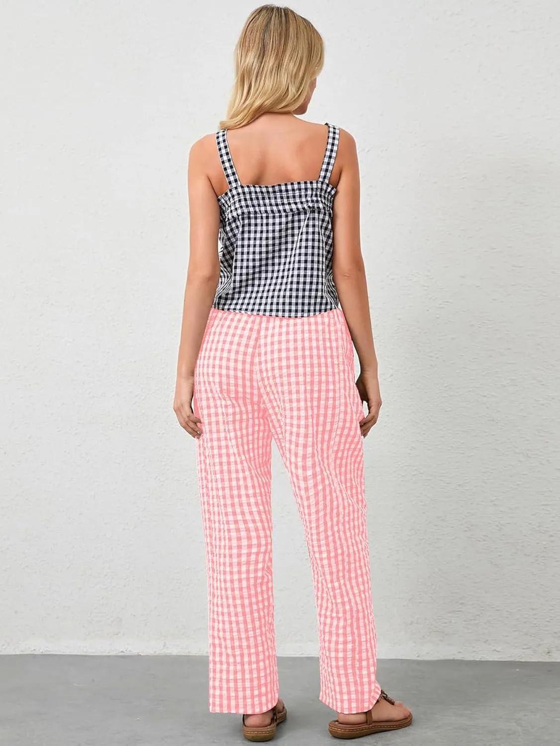 Women's Plaid Pant Gingham Lounge Pants Wide Leg Mid Rise Elastic Waist Checkered Long Trousers with Pockets