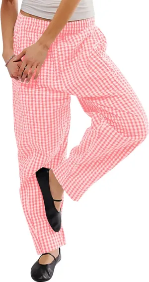 Women's Plaid Pant Gingham Lounge Pants Wide Leg Mid Rise Elastic Waist Checkered Long Trousers with Pockets