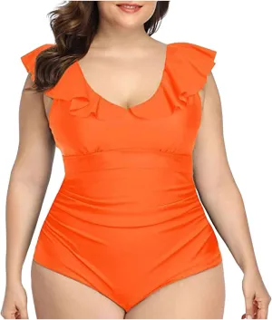 Women's Plus Size One-PieceE Swimsuit, Full-Coverage Conservative Swim Dress with Elegant Ruffle Skirt, Solid