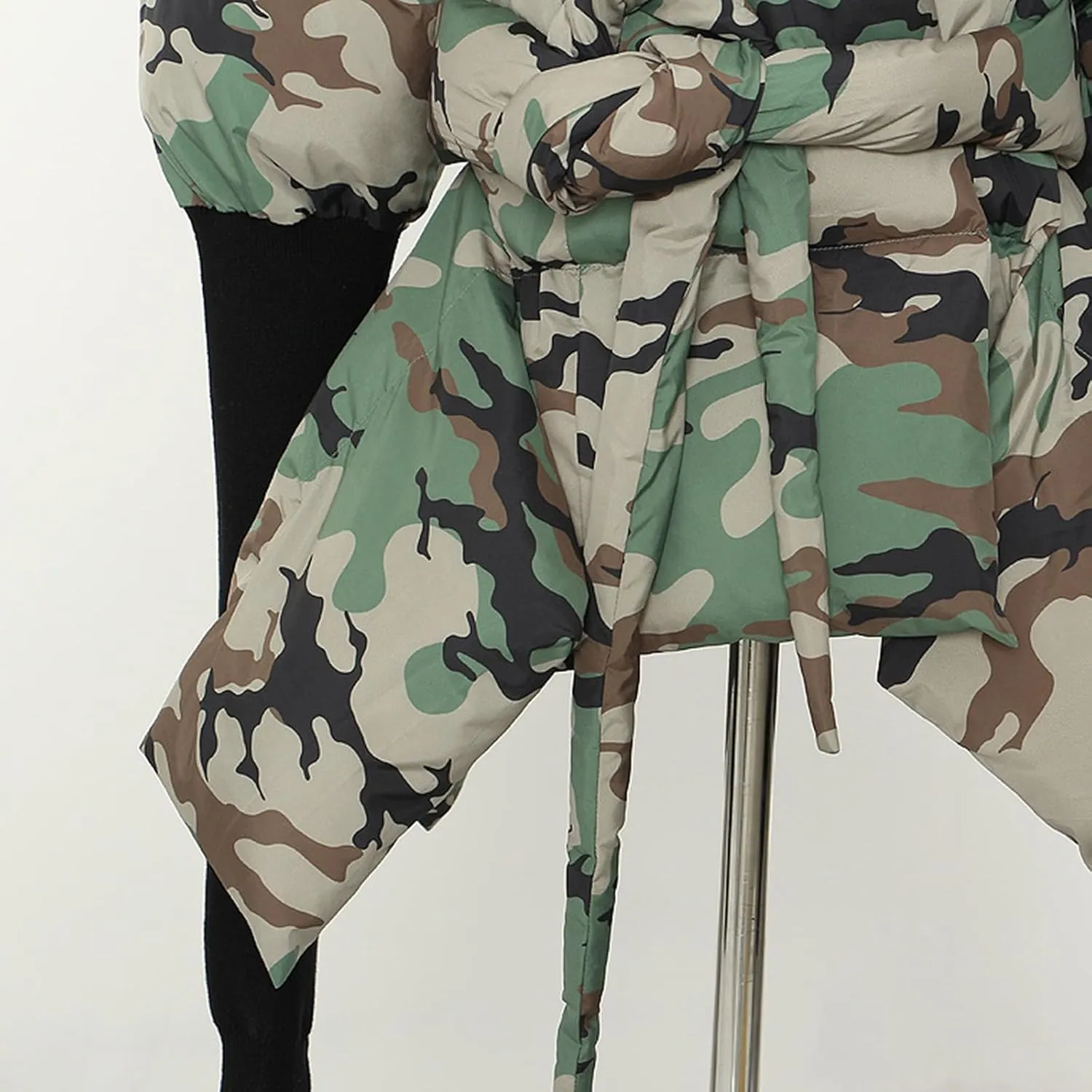 Women's Quilted Cotton Padded Coat Camo Patchwork Knit Cuffs Lace-Up Waist Winter Warm Lightweight Jackets