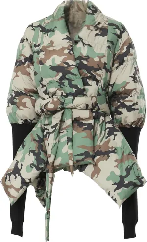 Women's Quilted Cotton Padded Coat Camo Patchwork Knit Cuffs Lace-Up Waist Winter Warm Lightweight Jackets