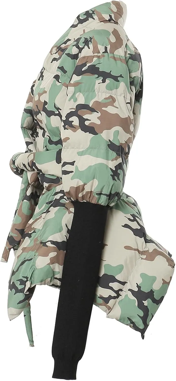 Women's Quilted Cotton Padded Coat Camo Patchwork Knit Cuffs Lace-Up Waist Winter Warm Lightweight Jackets