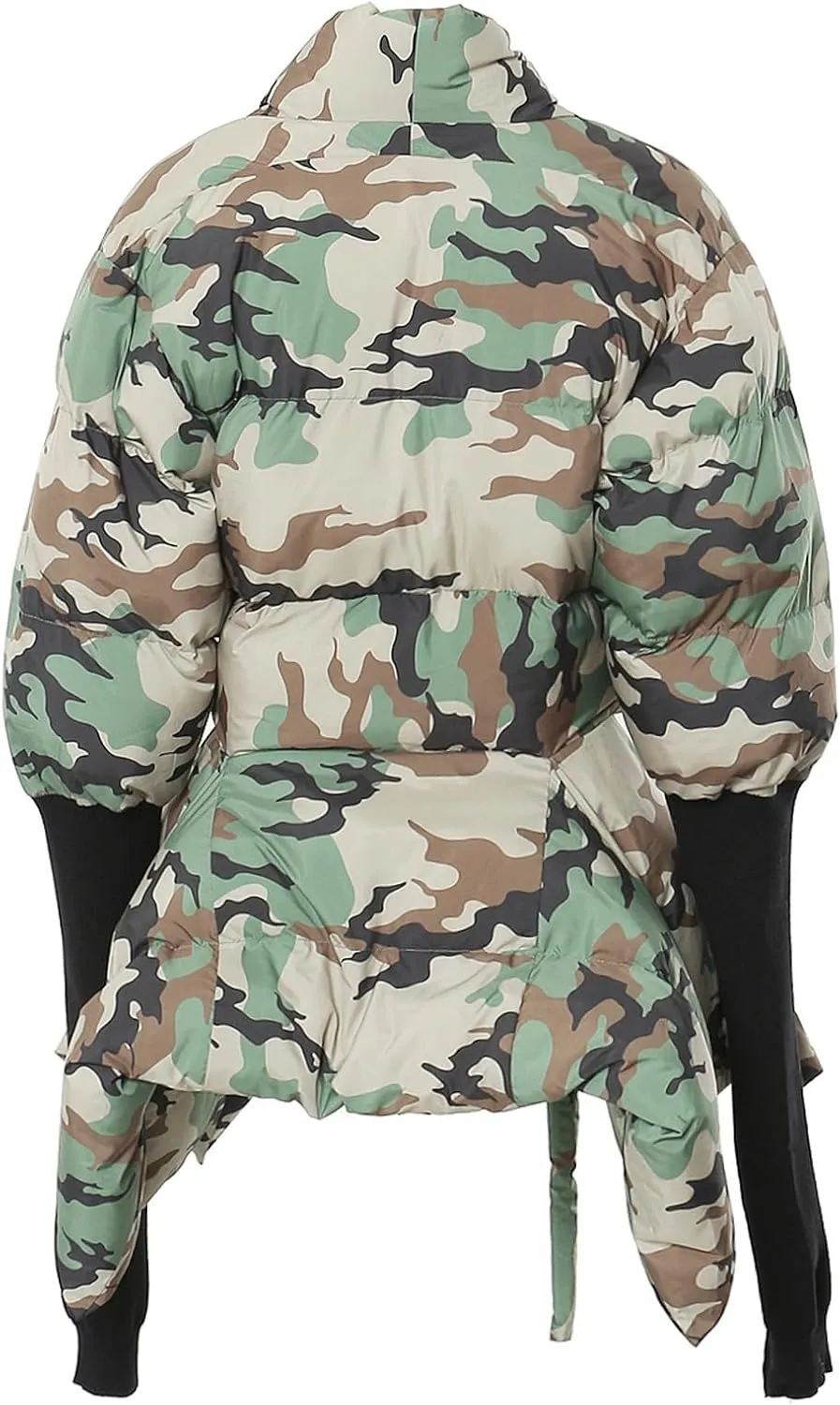 Women's Quilted Cotton Padded Coat Camo Patchwork Knit Cuffs Lace-Up Waist Winter Warm Lightweight Jackets