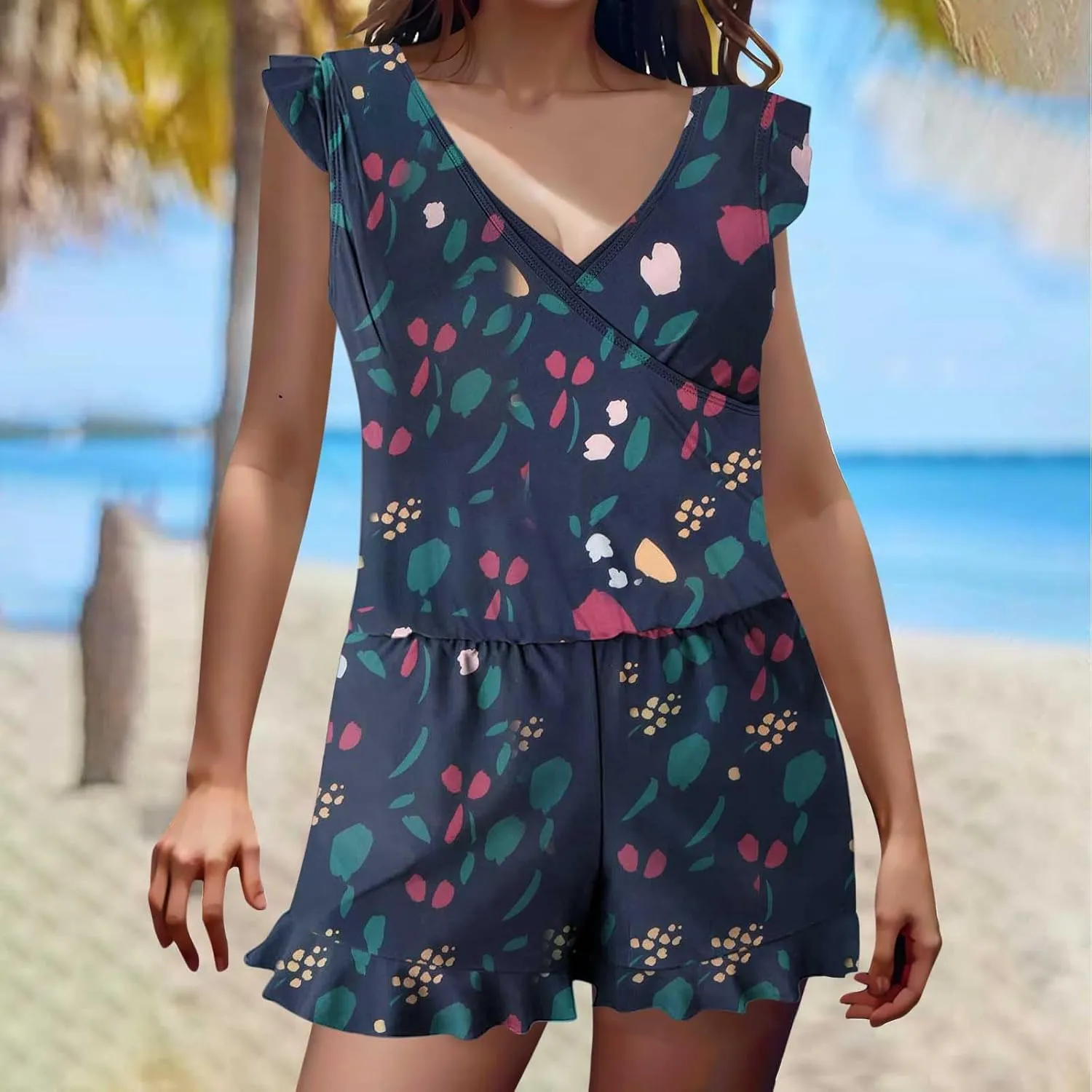 Women's Romper One Piece Swimsuit Built-in Bra and Pockets Swim Romper Modest Full Coverage Bathing Suit with Shorts