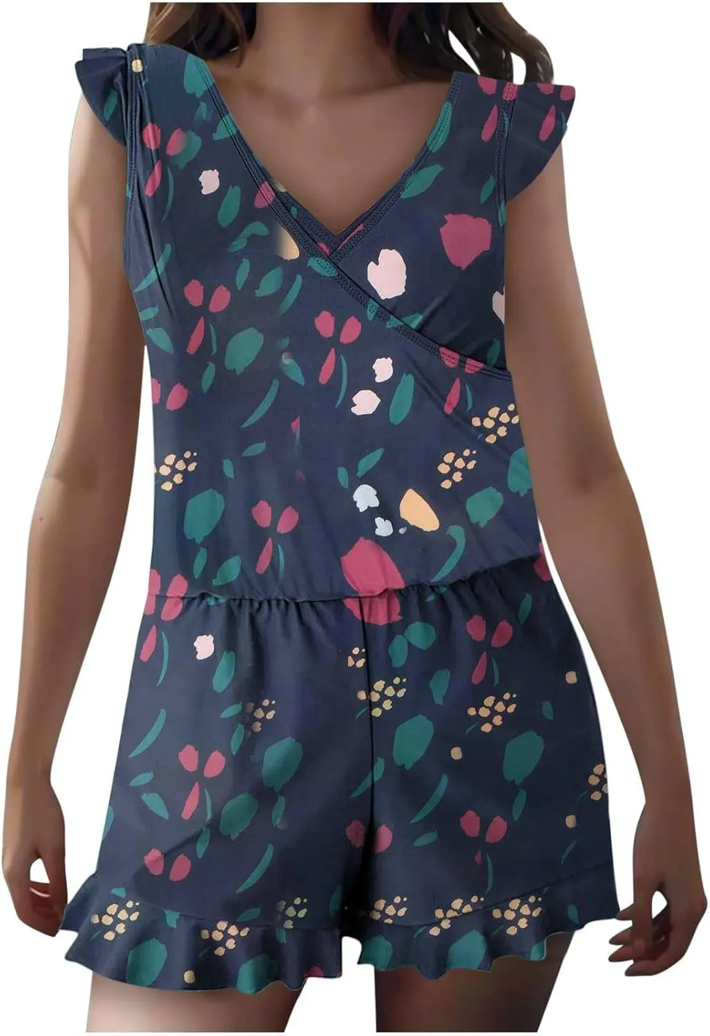 Women's Romper One Piece Swimsuit Built-in Bra and Pockets Swim Romper Modest Full Coverage Bathing Suit with Shorts