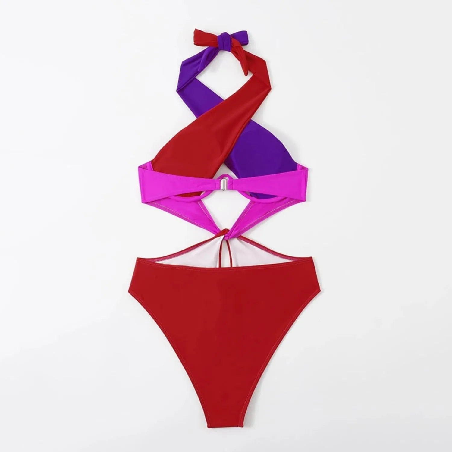 Women's Sexy One Piece Swimsuit High Cut Out Criss Cross Colorblock Bathing Suit Halter Monokini Beach Swimwear