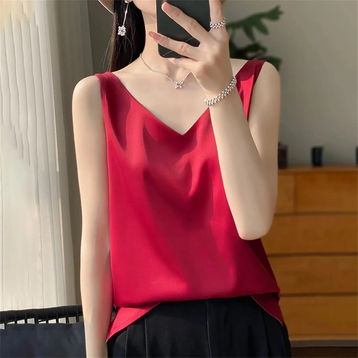 Women's Silk Satin Tank Top  V-Neck Sleeveless Camisole Sexy Strappy Summer Blouse Lightweight T-Shirt Vest