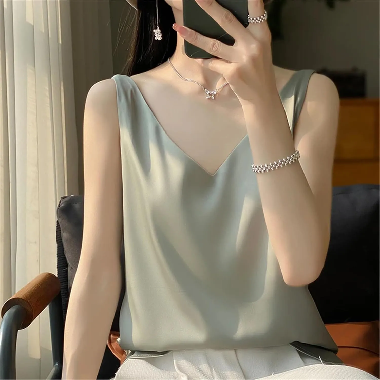 Women's Silk Satin Tank Top  V-Neck Sleeveless Camisole Sexy Strappy Summer Blouse Lightweight T-Shirt Vest