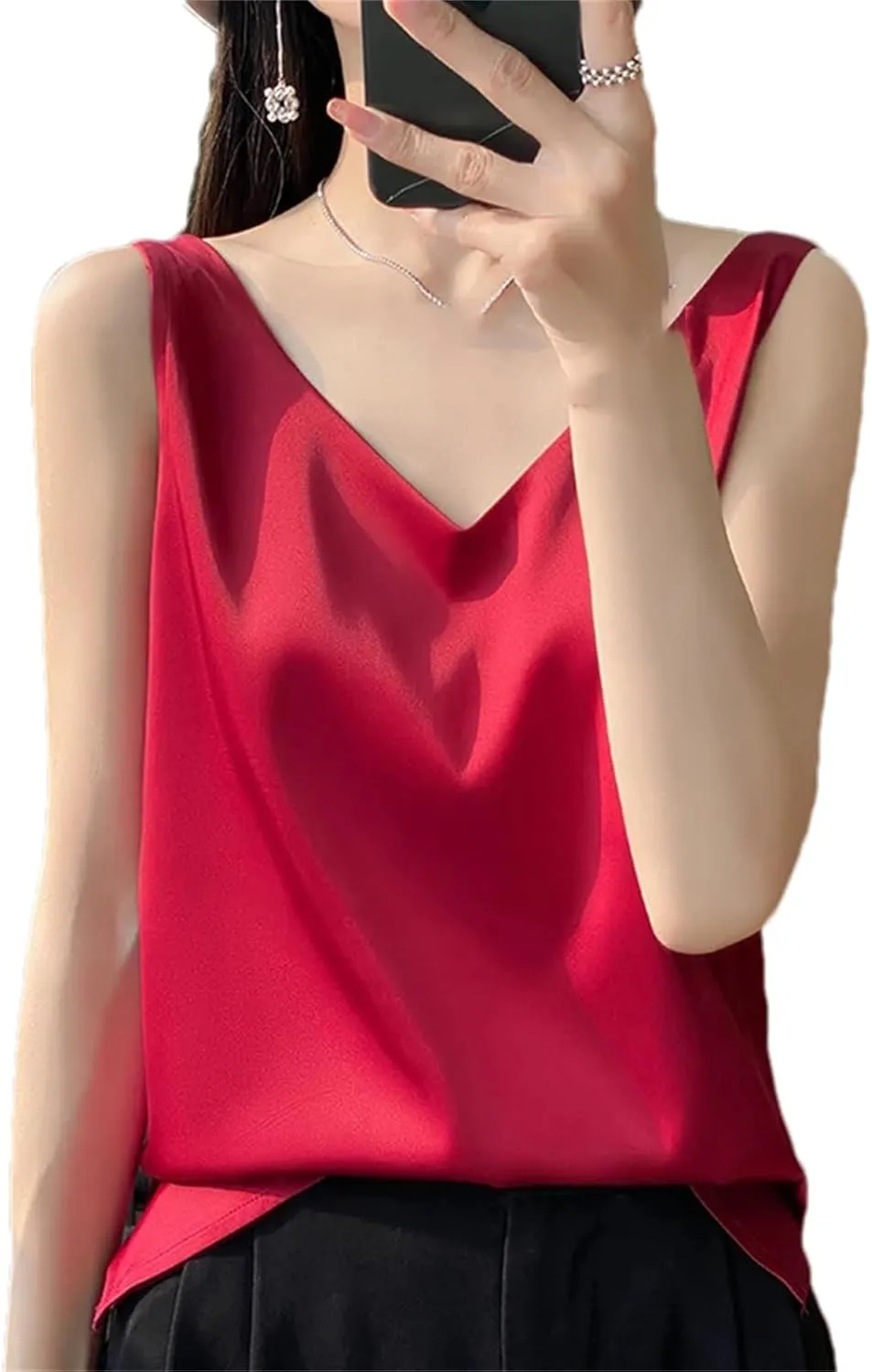 Women's Silk Satin Tank Top  V-Neck Sleeveless Camisole Sexy Strappy Summer Blouse Lightweight T-Shirt Vest