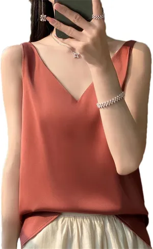 Women's Silk Satin Tank Top  V-Neck Sleeveless Camisole Sexy Strappy Summer Blouse Lightweight T-Shirt Vest