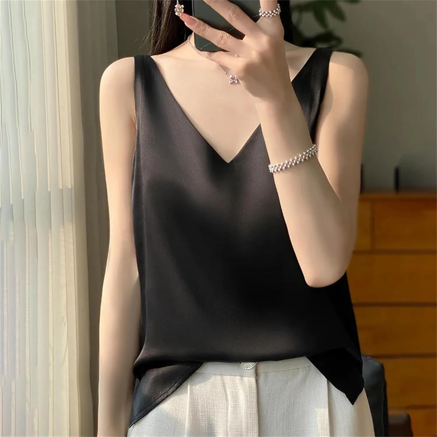 Women's Silk Satin Tank Top  V-Neck Sleeveless Camisole Sexy Strappy Summer Blouse Lightweight T-Shirt Vest