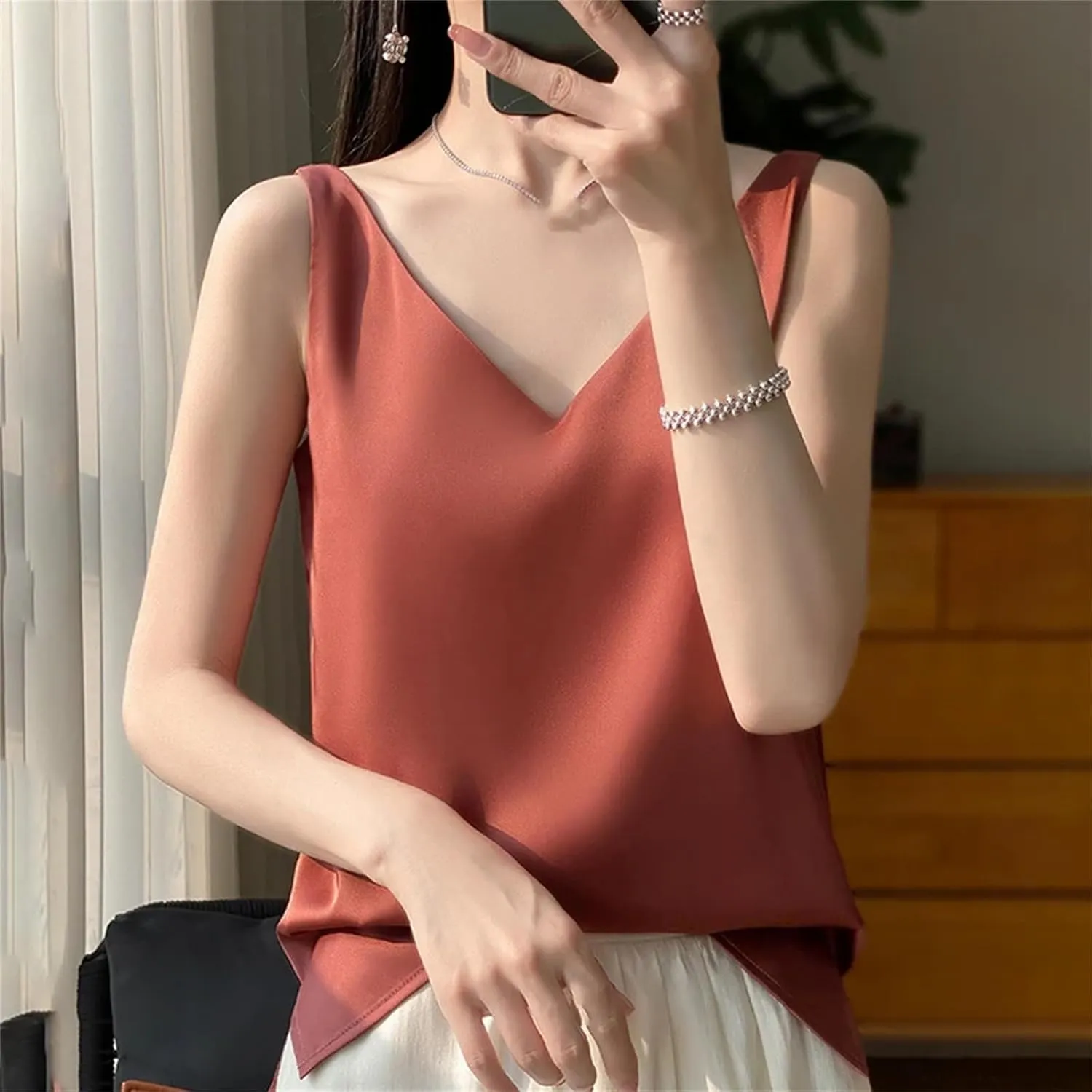 Women's Silk Satin Tank Top  V-Neck Sleeveless Camisole Sexy Strappy Summer Blouse Lightweight T-Shirt Vest