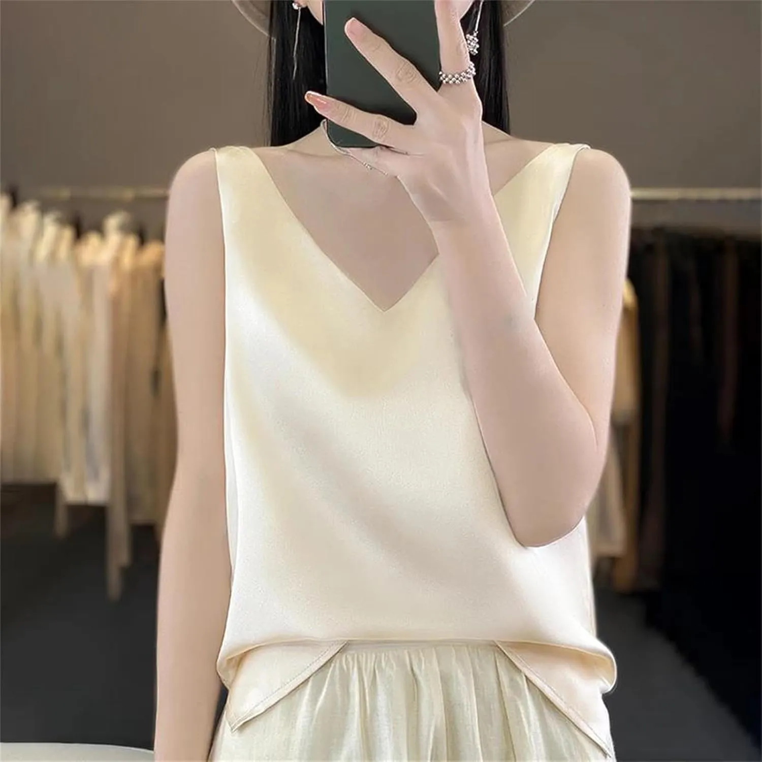 Women's Silk Satin Tank Top  V-Neck Sleeveless Camisole Sexy Strappy Summer Blouse Lightweight T-Shirt Vest