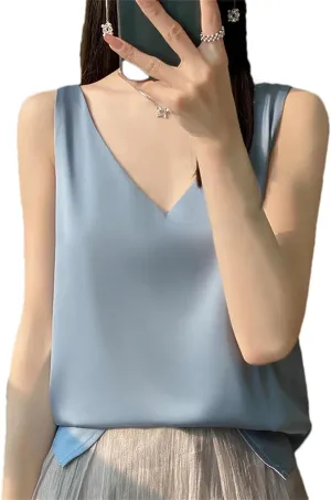 Women's Silk Satin Tank Top  V-Neck Sleeveless Camisole Sexy Strappy Summer Blouse Lightweight T-Shirt Vest