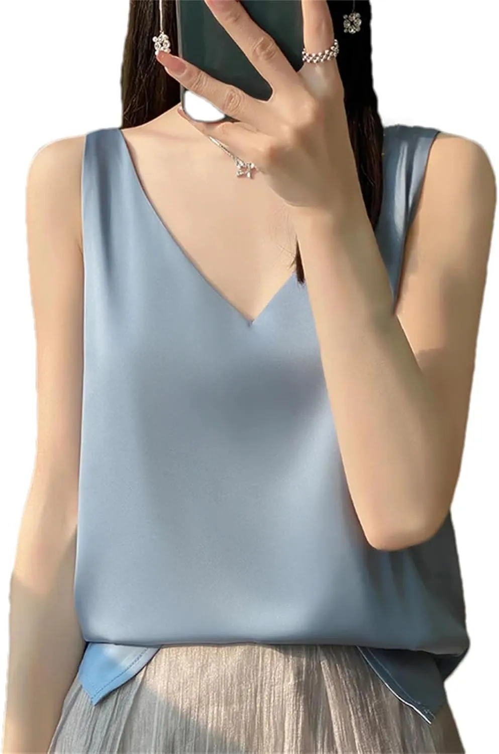 Women's Silk Satin Tank Top  V-Neck Sleeveless Camisole Sexy Strappy Summer Blouse Lightweight T-Shirt Vest