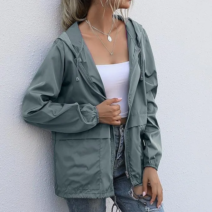 Womens Spring Jacket Waterproof Raincoat Lightweight Rain Jacket Hooded Windbreaker Outerwear with Pockets