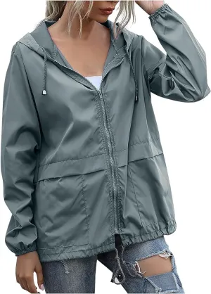 Womens Spring Jacket Waterproof Raincoat Lightweight Rain Jacket Hooded Windbreaker Outerwear with Pockets