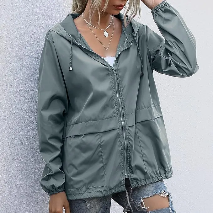 Womens Spring Jacket Waterproof Raincoat Lightweight Rain Jacket Hooded Windbreaker Outerwear with Pockets