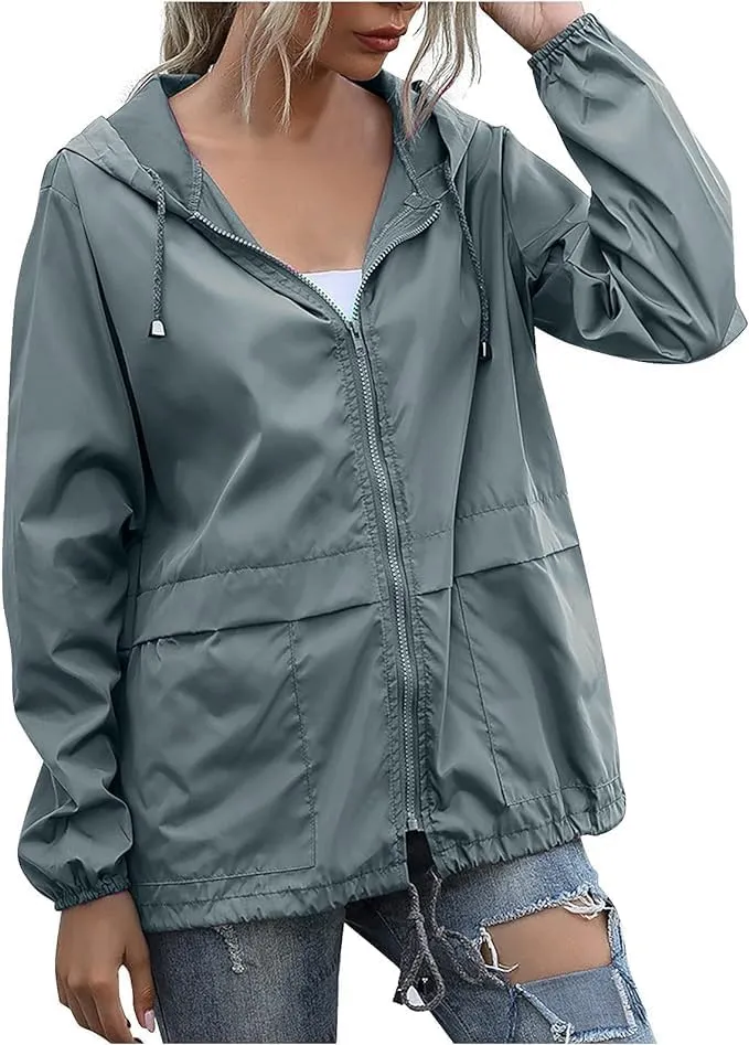 Womens Spring Jacket Waterproof Raincoat Lightweight Rain Jacket Hooded Windbreaker Outerwear with Pockets