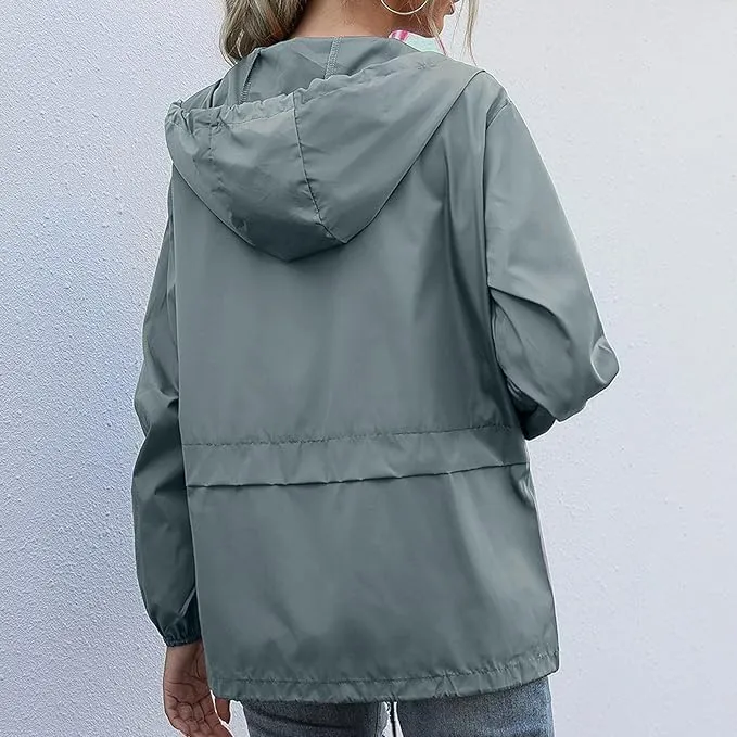 Womens Spring Jacket Waterproof Raincoat Lightweight Rain Jacket Hooded Windbreaker Outerwear with Pockets
