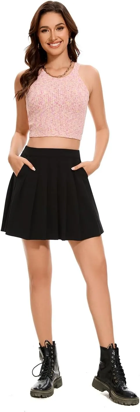 Womens Stretchy Pleated Mini Skirt Comfort High Waist Cheerleader School Uniform Skirt