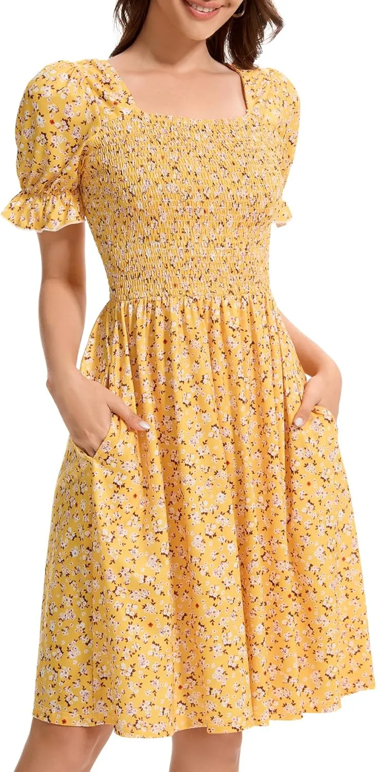 Womens Summer Dress- Square Neck Puff Sleeve Smocked Ruffle Hem A-line Mini Short Dresses