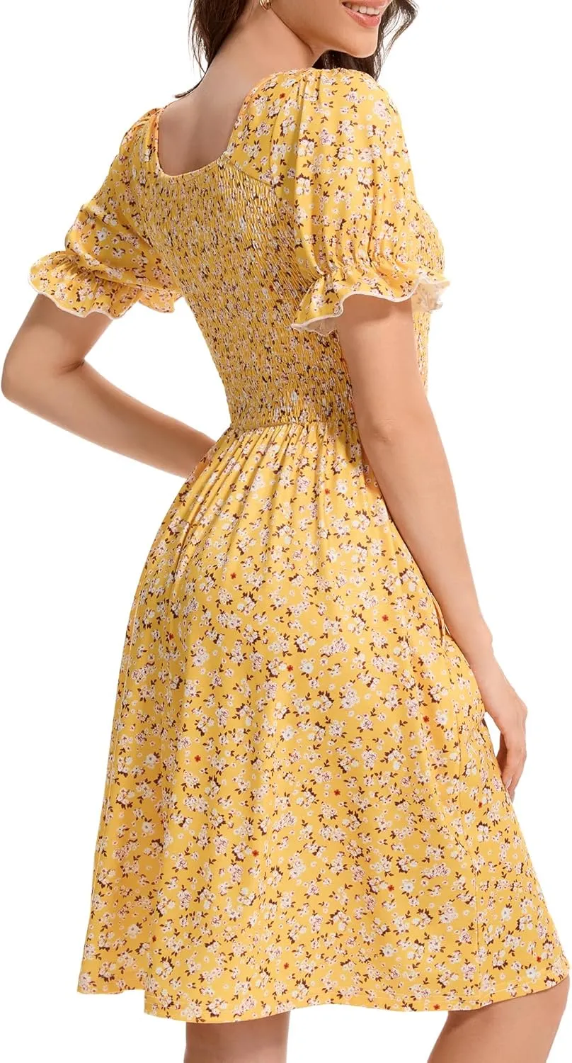 Womens Summer Dress- Square Neck Puff Sleeve Smocked Ruffle Hem A-line Mini Short Dresses
