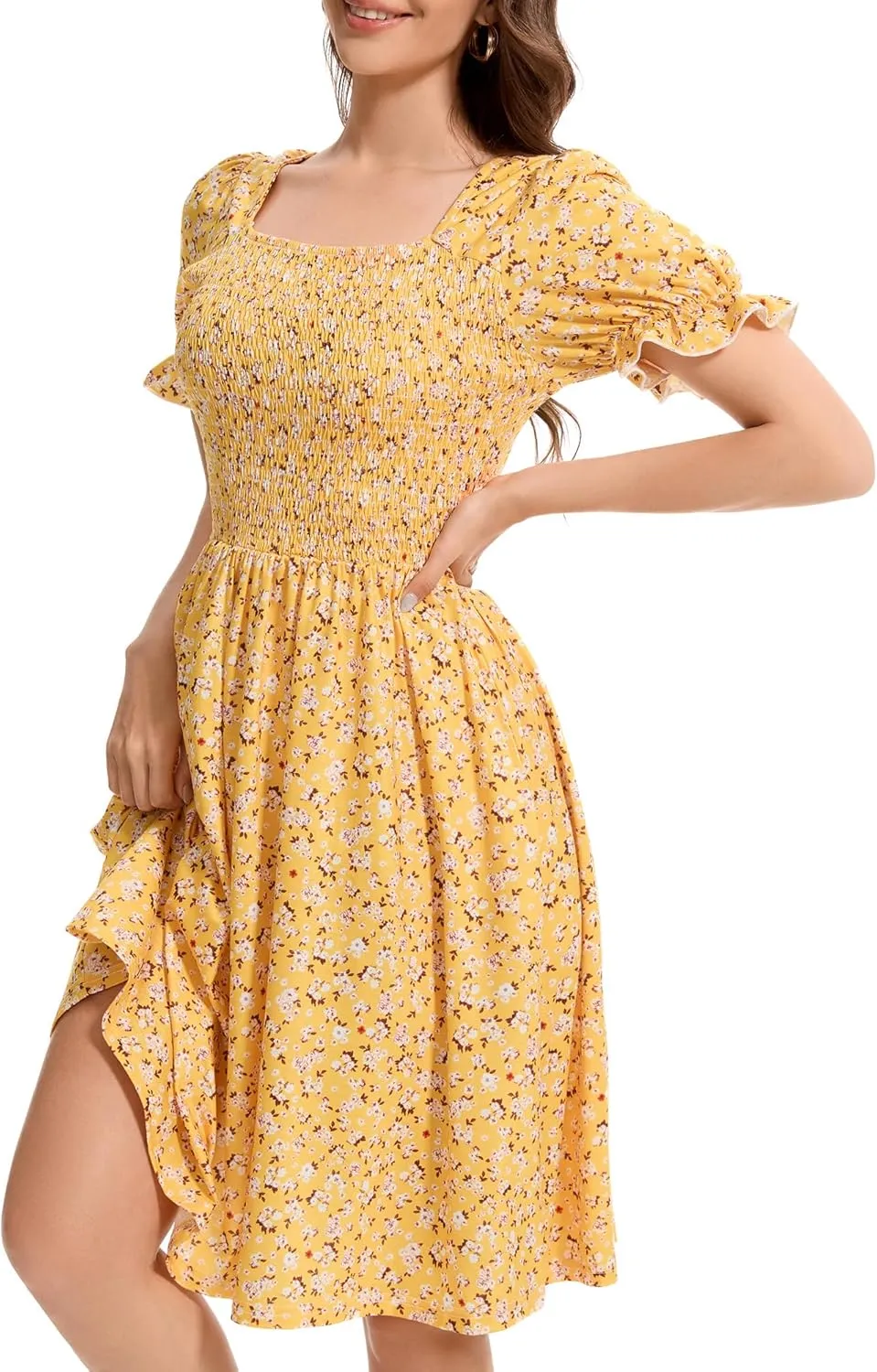 Womens Summer Dress- Square Neck Puff Sleeve Smocked Ruffle Hem A-line Mini Short Dresses