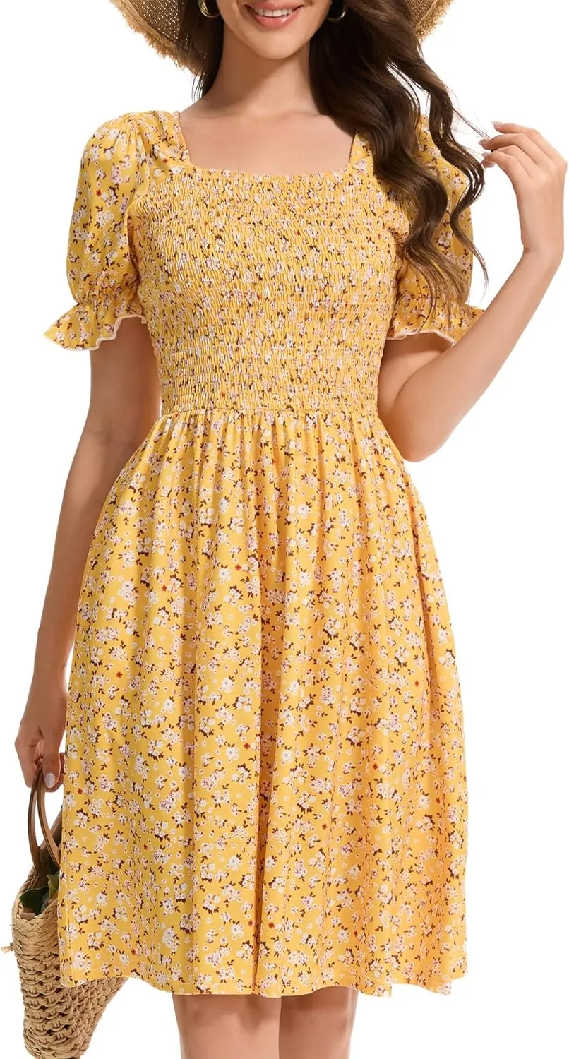 Womens Summer Dress- Square Neck Puff Sleeve Smocked Ruffle Hem A-line Mini Short Dresses
